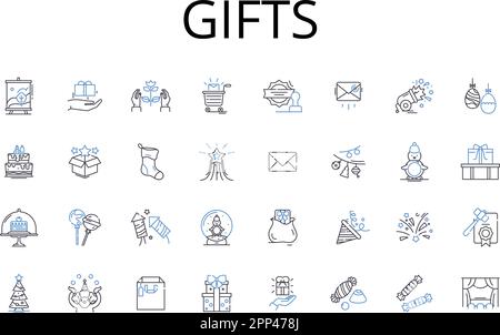 Gifts line icons collection. Presents, Souvenirs, Prizes, Rewards, Presents, Gift cards, Keepsakes vector and linear illustration. Offerings,Tokens Stock Vector
