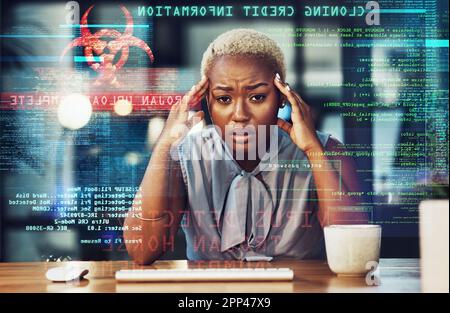 Stress, programmer headache and black woman gets a cyber security attack, virus or glitch. Anxiety, depression and portrait of sad person in it or big Stock Photo