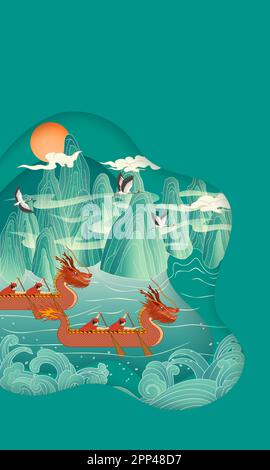 Vector illustration of dragon boat rowing during the traditional Dragon Boat Festival in China Stock Vector