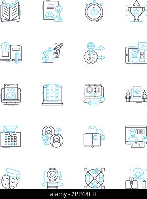 Online schooling linear icons set. Distance, Virtual, Education, Learning, E-learning, Digital, Remote line vector and concept signs. Web-based,Cyber Stock Vector