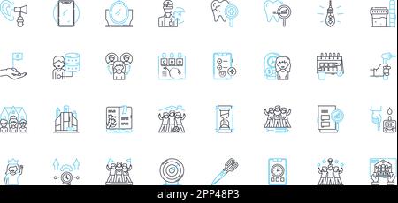 work tools linear icons set. Hammer, Screwdriver, Wrench, Pliers, Chisel, Saw, Drill line vector and concept signs. Sander,Level,Tape measure outline Stock Vector