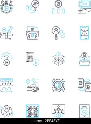 Fintech startups linear icons set. Digital, Innovation, Disruption, Blockchain, Payment, Cryptocurrency, Financial line vector and concept signs Stock Vector