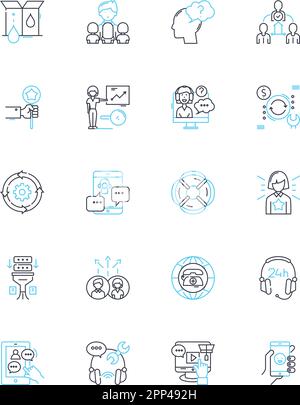 Client relations linear icons set. Trust, Loyalty, Communication, Partnership, Satisfaction, Responsiveness, Cooperation line vector and concept signs Stock Vector