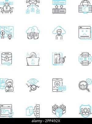 Deep data dives linear icons set. Analytics, Insights, Discovery, Investigation, Evaluation, Examination, Mapping line vector and concept signs Stock Vector