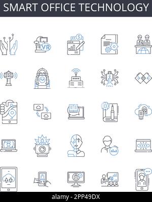 Smart office technology line icons collection. Responsive web design, Advanced algorithms, Digital marketing, Cloud computing, Social media, Wearable Stock Vector