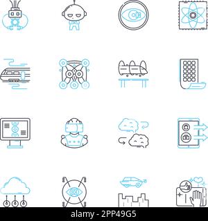 Advanced innovations linear icons set. Futuristic, Cutting-edge, Revolutionary, Technological, Innovative, Groundbreaking, Novel line vector and Stock Vector