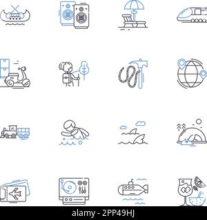 Sojourning line icons collection. Journey, Exploration, Pilgrimage, Travel, Adventure, Discovery, Touring vector and linear illustration. Voyaging Stock Vector