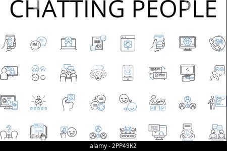 Chatting people line icons collection. Talking friends, Chirping birds, Whispering secrets, Gossiping girls, Babbling brook, Conversing couples Stock Vector