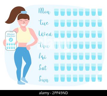 Weekly water tracker, girl with mobile phone shows water tracker app, stay hydrated concept, vector illustration Stock Vector