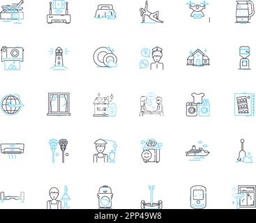 Home maintenance linear icons set. Plumbing, Electrical, Carpentry, Painting, Roofing, Gutters, Lawn line vector and concept signs. Landscaping Stock Vector