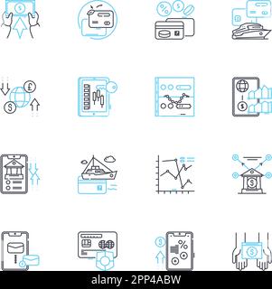 Fintech linear icons set. Cryptocurrency, Blockchain, Payments, Insurtech, Lending, Robo-advisors, Crowdfunding line vector and concept signs Stock Vector