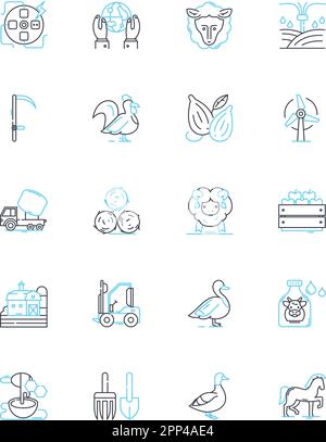 Ranching linear icons set. Cattle, Horses, Grazing, Cowboys, Ranch ...