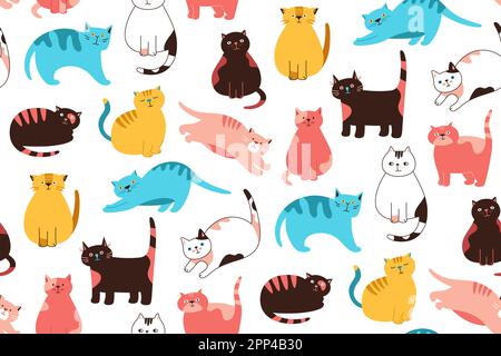 Cats cute doodle cartoon seamless pattern. Kitty purebred with different poses boundless wallpaper. Cats sleeping, stretching itself, playing endless background. Kitten characters pet animals vector Stock Vector