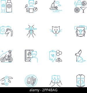 Diversions linear icons set. Entertainment, Amusement, Distraction, Fun, Games, Leisure, Recreation line vector and concept signs. Playtime,Relaxation Stock Vector