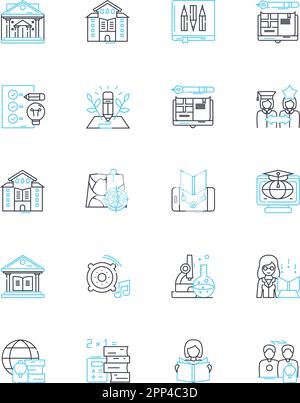 Distance studying linear icons set. Remote, Online, Virtual, Digital, E-learning, Independent, Flexible line vector and concept signs. Convenient,Self Stock Vector