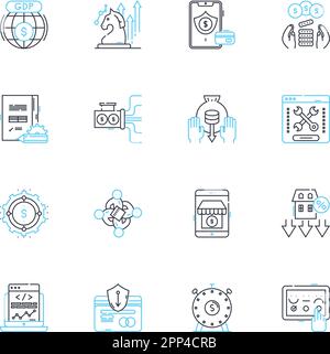 Public Finance linear icons set. Budgeting, Revenue, Expenditure, Taxation, Debt, Deficit, Surplus line vector and concept signs. Grants,Loans Stock Vector