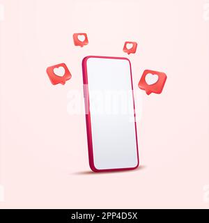 3d vector phone mobile smartphone screen interface perspective view with heart textbox heart icon love social media icon. Heart in speech bubble icon on a pink background. Love like heart social media. Vector illustration Stock Vector