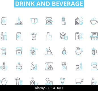 Drink and beverage linear icons set. Soda, Tea, Coffee, Juice, Smoothie, Milk, Water line vector and concept signs. Beer,Wine,Whiskey outline Stock Vector