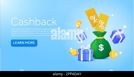 3d money bag with coupon, voucher, gift box on gradient background. cashback banner concept. Floating coins. Promotion design concept. Discount campaign banner with cta button. 3d vector illustration. Vector illustration Stock Vector