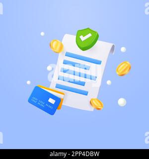 Receipt for payment of utilities with coins floating, online purchases and banking services. A paper transaction invoice that pays the bills. Payment system security concept. 3d vector illustration. Vector illustration Stock Vector
