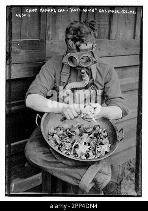 World War I, March, 1918. Soldiers trying out their gas masks in every possible way. Putting the respirator to good use while peeling onions. 40th Div Stock Photo