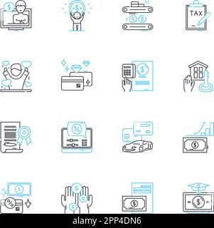 Accounting services linear icons set. Bookkeeping, Taxation, Payroll, Auditing, Financial statements, Invoicing, Budgeting line vector and concept Stock Vector