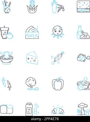 Culinary industry linear icons set. Ingredients, Cuisine, Flavors, Recipes, Gourmet, Cooking, Pastry line vector and concept signs. Plating Stock Vector