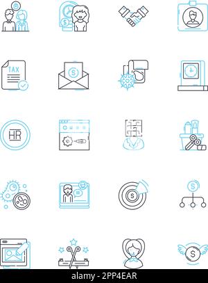 Professional workplace linear icons set. Productivity, Collaboration, Ethics, Accountability, Communication, Innovation, Leadership line vector and Stock Vector
