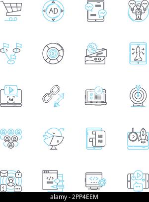 Online promotion linear icons set. Marketing, Advertising, Socialmedia, Engagement, Visibility, Conversion, Traffic line vector and concept signs Stock Vector