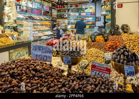 Dried fruits on sale in a grocery store, Istanbul, Turkey Stock Photo