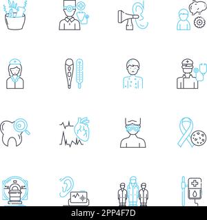 Engineering Medicine linear icons set. Biomechanics, Nanotechnology, Prosthesis, Bionics, Robotics, Implants, Cyborg line vector and concept signs Stock Vector