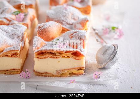 Sweet Choux pastry cake looks like Carpathian Mountains. Traditional Polish cream pie. Stock Photo