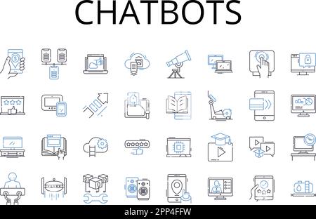 Chatbots line icons collection. Artificial intelligence, Virtual assistants, Robotic technology, Machine learning, Intelligent automation, Digital Stock Vector