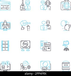 Audio podcast linear icons set. Entertainment, News, Interviews, Storytelling, Education, Technology, Sports line vector and concept signs. Music,Talk Stock Vector
