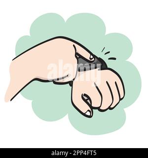 closeup hand using smart watch illustration vector hand drawn isolated on white background line art. Stock Vector
