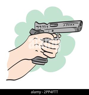 closeup hand shooting with short gun illustration vector hand drawn isolated on white background line art. Stock Vector
