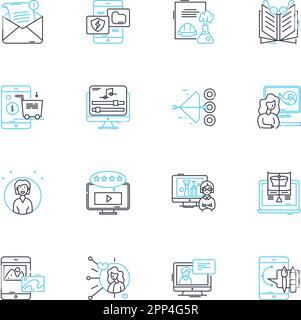 Vlogger linear icons set. Lifestyle, Travel, Beauty, Adventure, Foodie, Fitness, Motivation line vector and concept signs. Education,Entertainment Stock Vector
