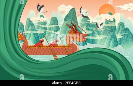 Vector illustration of dragon boat rowing during the traditional Dragon Boat Festival in China Stock Vector