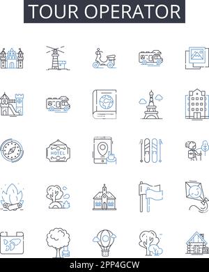 Tour operator line icons collection. Travel agency, Vacation planner, Tour guide, Expedition leader, Adventure organizer, Road trip expert, Getaway Stock Vector