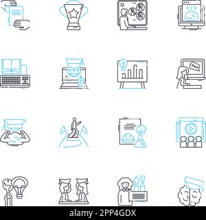 Distance learning linear icons set. Online, Virtual, Remote, E-learning, Digital, Web-based, Internet-based line vector and concept signs. Cyber Stock Vector
