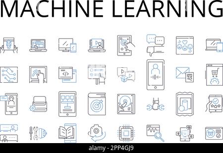 machine learning line icons collection. Artificial Intelligence, Automated Learning, Data Mining, Data Analytics, Deep Learning, Natural Language Stock Vector