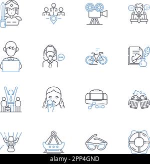 Thrilling activities line icons collection. Bungee, Skydiving, Rafting, Surfing, Skiing, Snowboarding, Zipline vector and linear illustration Stock Vector