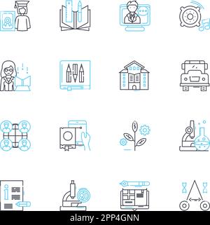 Distance studying linear icons set. Remote, Online, Virtual, Digital, E-learning, Independent, Flexible line vector and concept signs. Convenient,Self Stock Vector