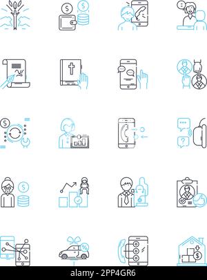 Consumer interaction linear icons set. Feedback, Engagement, Comprehension, Dialogue, Persuasion, Collaboration, Insight line vector and concept signs Stock Vector