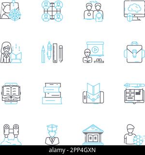 Online education linear icons set. E-learning, Webinar , Distance learning, MOOCs, Virtual classrooms, Edtech, Online classes line vector and concept Stock Vector