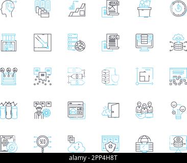 Industry insights linear icons set. Trends, Data, Analytics, Performance, Metrics, Innovation, Strategy line vector and concept signs. Competition Stock Vector