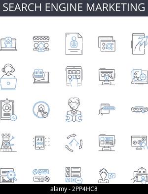 Search engine marketing line icons collection. Digital advertising, Online promotion, Social media, Content marketing, Email marketing, Pay-per-click Stock Vector