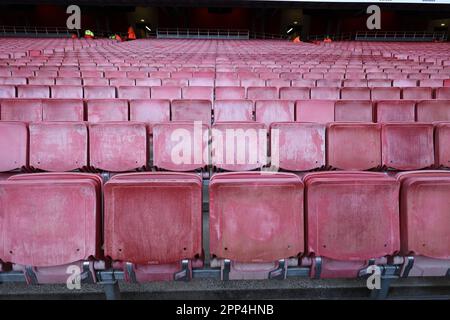 London, UK. 21st Apr, 2023. Faded seats during the Premier League match at the Emirates Stadium, London. Picture credit should read: David Klein/Sportimage Credit: Sportimage Ltd/Alamy Live News Stock Photo