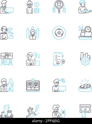 Life planning linear icons set. Goals, Ambition, Vision, Purpose, Direction, Objective, Aspiration line vector and concept signs. Strategy,Prospect Stock Vector