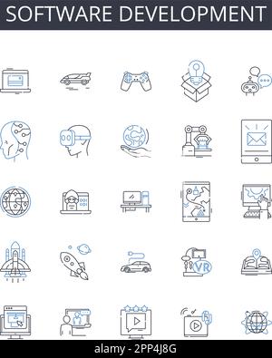 Software development line icons collection. Website design, Social media, Financial planning, Game development, Graphic design, Digital marketing Stock Vector